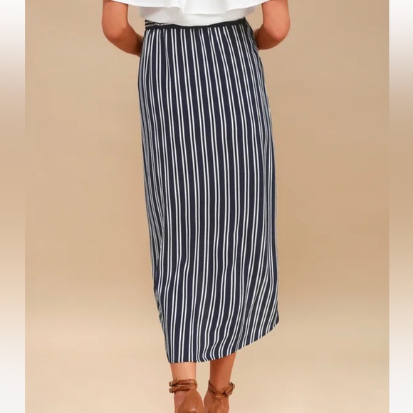Lulus Start Anew Blue and White Striped Wrap Midi Skirt Small - Picture 12 of 12